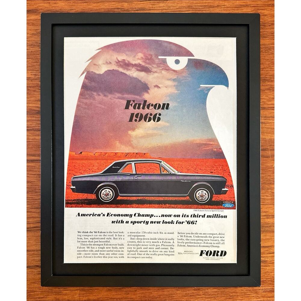 Framed 1965 VTG Orig Magazine Ad FORD Auto Car FALCON for '66 Economy Champ